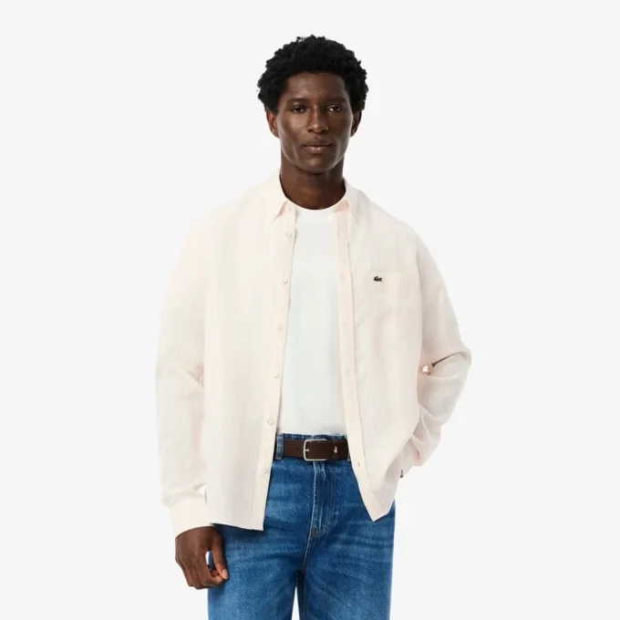 Camisa de lino a rayas de corte regular para hombre
