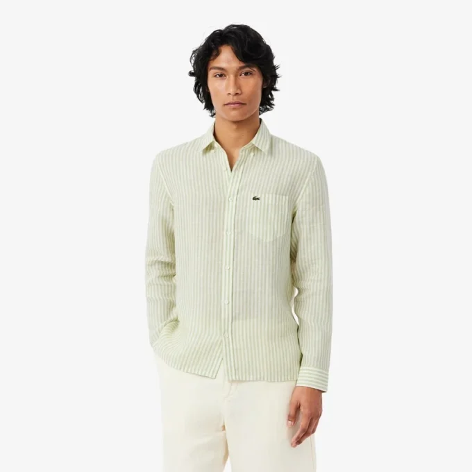 Camisa de lino a rayas de corte regular para hombre