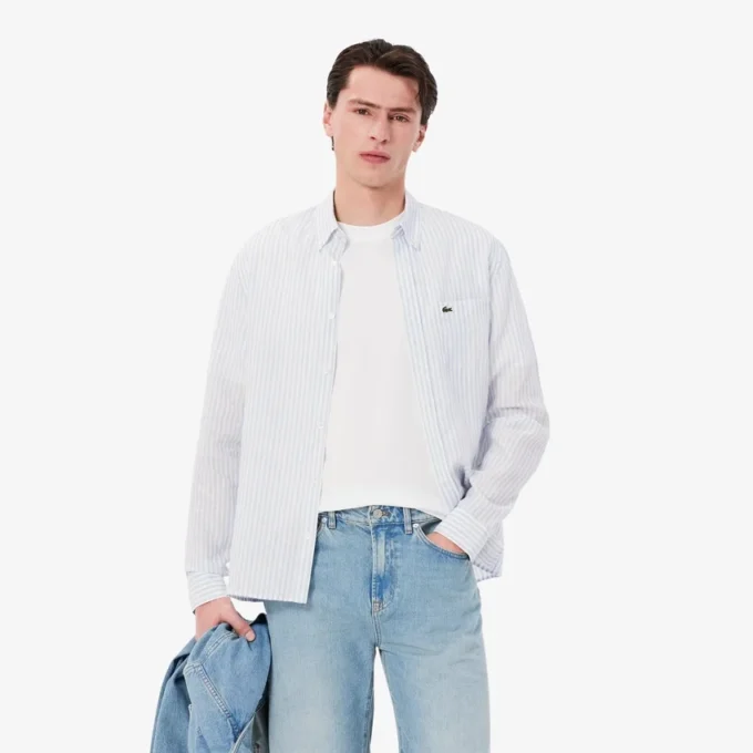 Camisa de lino a rayas de corte regular para hombre