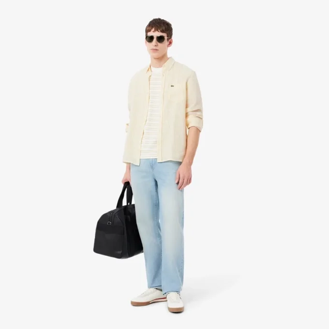 Camisa de lino a rayas de corte regular para hombre