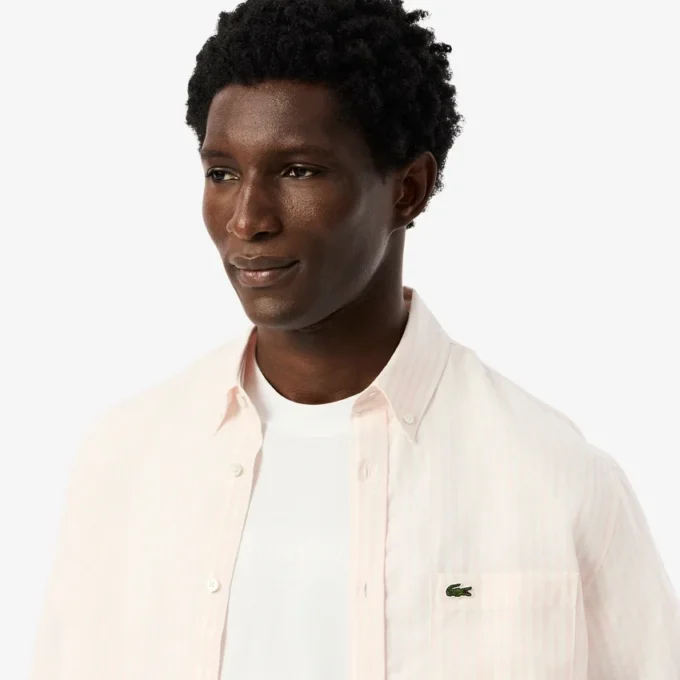 Camisa de lino a rayas de corte regular para hombre