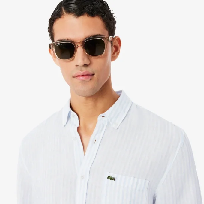 Camisa de lino a rayas de corte regular para hombre