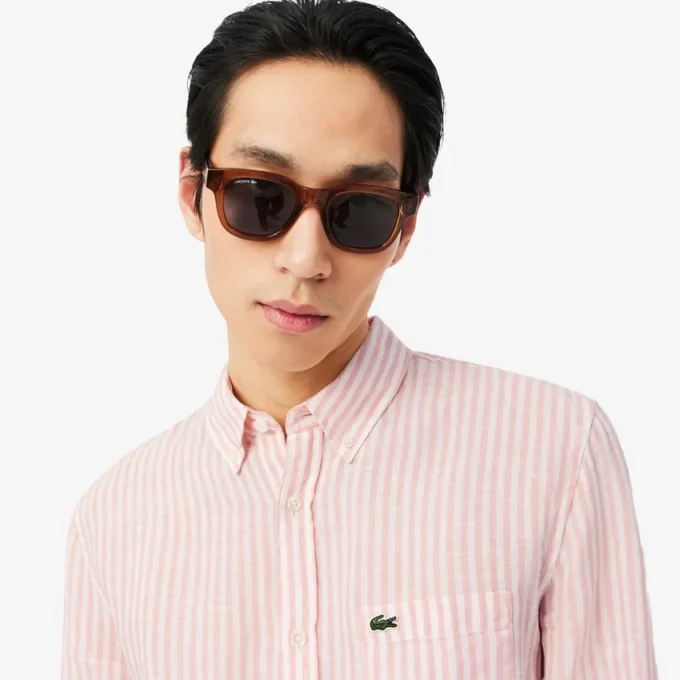 Camisa de lino a rayas de corte regular para hombre