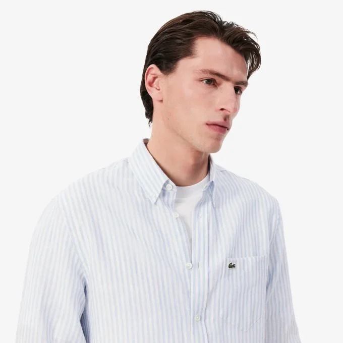 Camisa de lino a rayas de corte regular para hombre