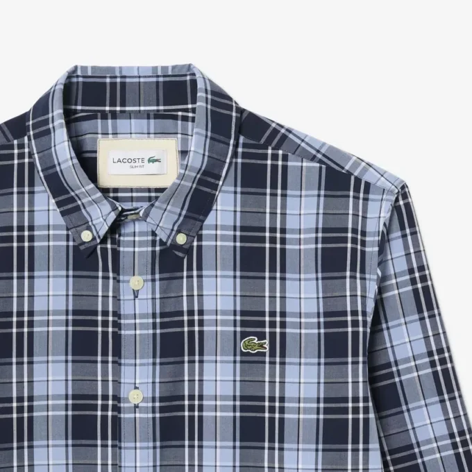 Camisa de popelín elástico con estampado de cuadros vichy y corte entallado