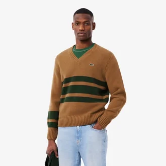 Jersey de cuello en V de lana a rayas para hombre