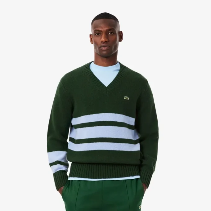 Jersey de cuello en V de lana a rayas para hombre