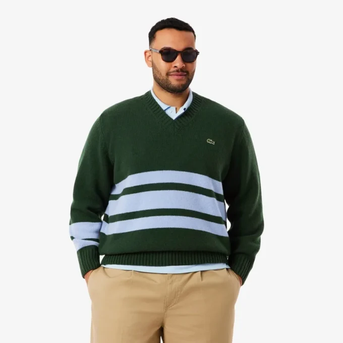 Jersey de cuello en V de lana a rayas para hombre