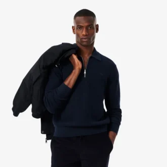 Jersey de cuello polo con media cremallera para hombre, mezcla de algodón y lana