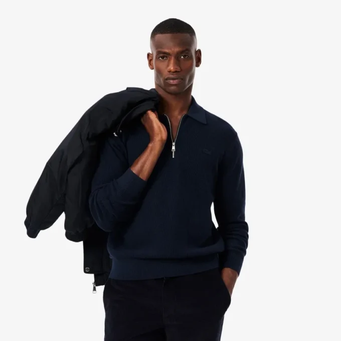 Jersey de cuello polo con media cremallera para hombre, mezcla de algodón y lana