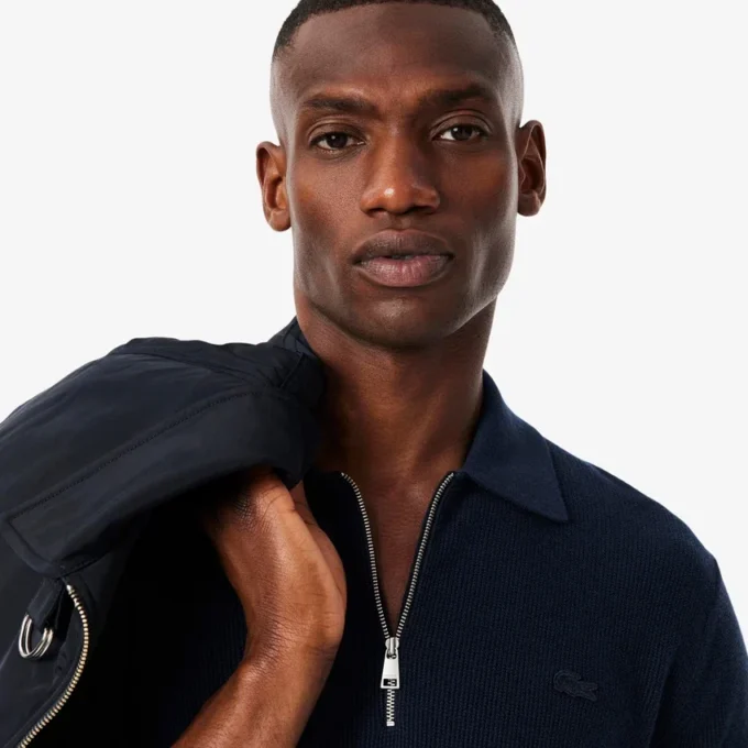 Jersey de cuello polo con media cremallera para hombre, mezcla de algodón y lana