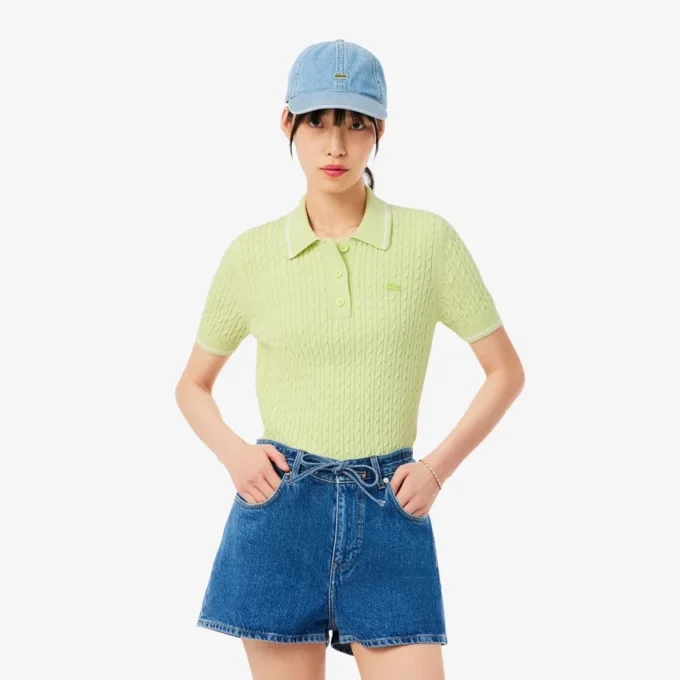 Jersey de cuello polo con tejido de punto trenzado a rayas