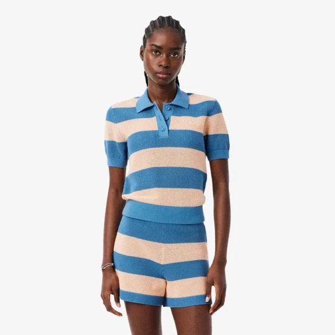 Jersey de cuello polo de punto de malla a rayas