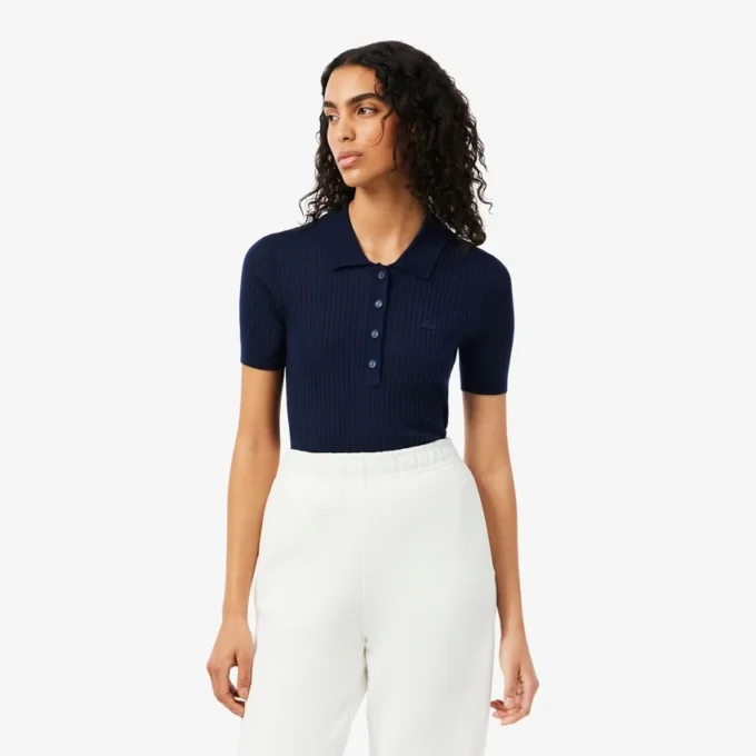 Jersey de lana merina con cuello polo y punto elástico 3D