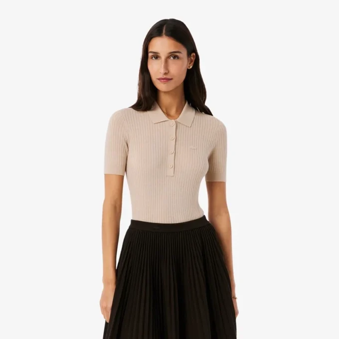 Jersey de lana merina con cuello polo y punto elástico 3D