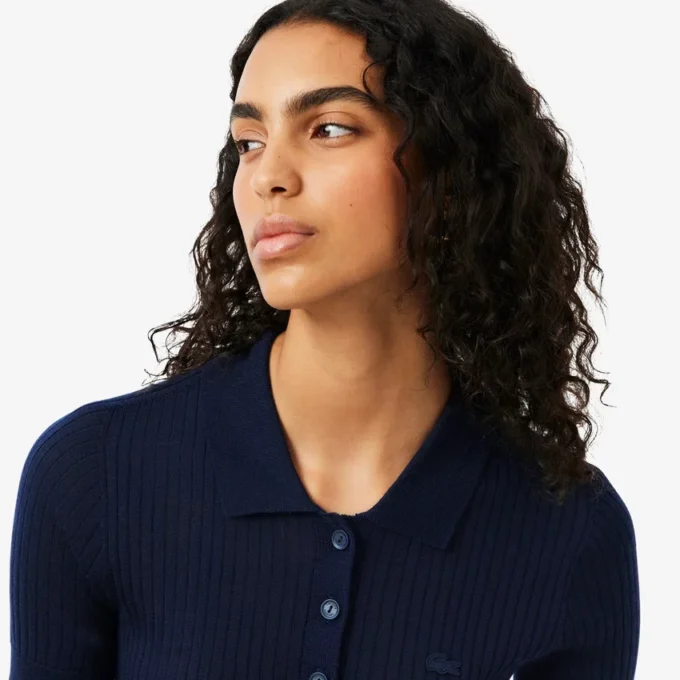 Jersey de lana merina con cuello polo y punto elástico 3D