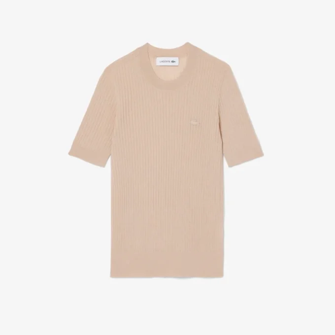 Jersey de mujer de punto acanalado de lana merino de manga corta