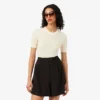 Jersey de punto acanalado de lana merina de manga corta para mujer