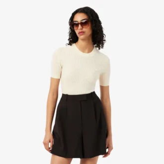 Jersey de punto acanalado de lana merina de manga corta para mujer