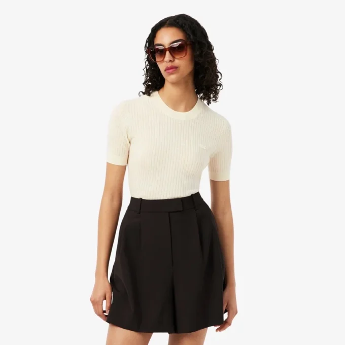 Jersey de punto acanalado de lana merina de manga corta para mujer
