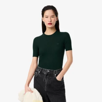 Jersey de punto acanalado de lana merina de manga corta para mujer