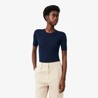 Jersey de punto acanalado de lana merina de manga corta para mujer