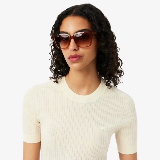 Jersey de punto acanalado de lana merina de manga corta para mujer