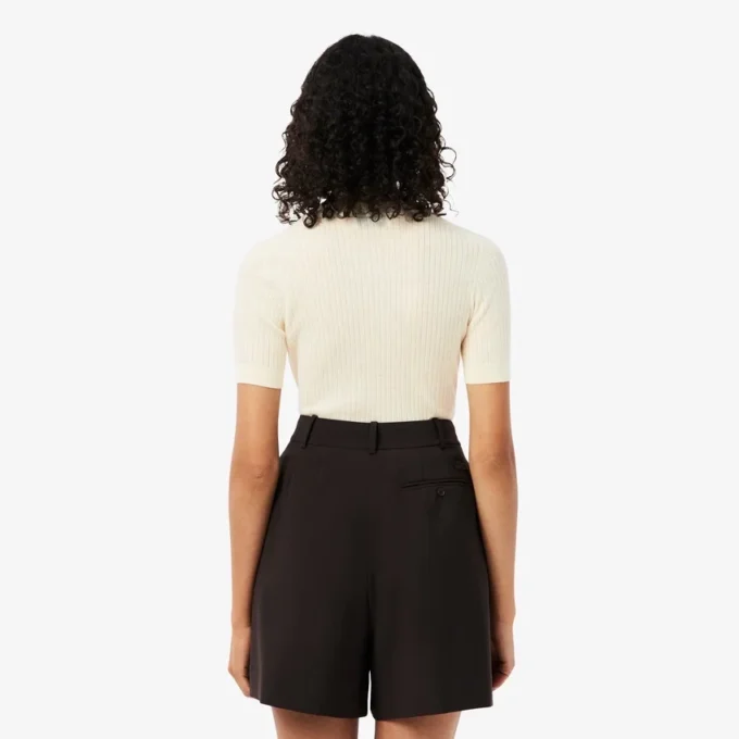 Jersey de punto acanalado de lana merina de manga corta para mujer