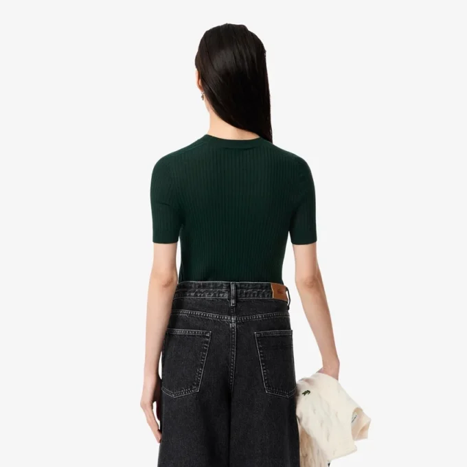Jersey de punto acanalado de lana merina de manga corta para mujer