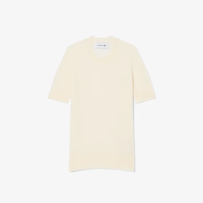 Jersey de punto acanalado de lana merina de manga corta para mujer