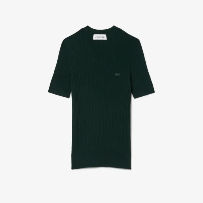Jersey de punto acanalado de lana merina de manga corta para mujer