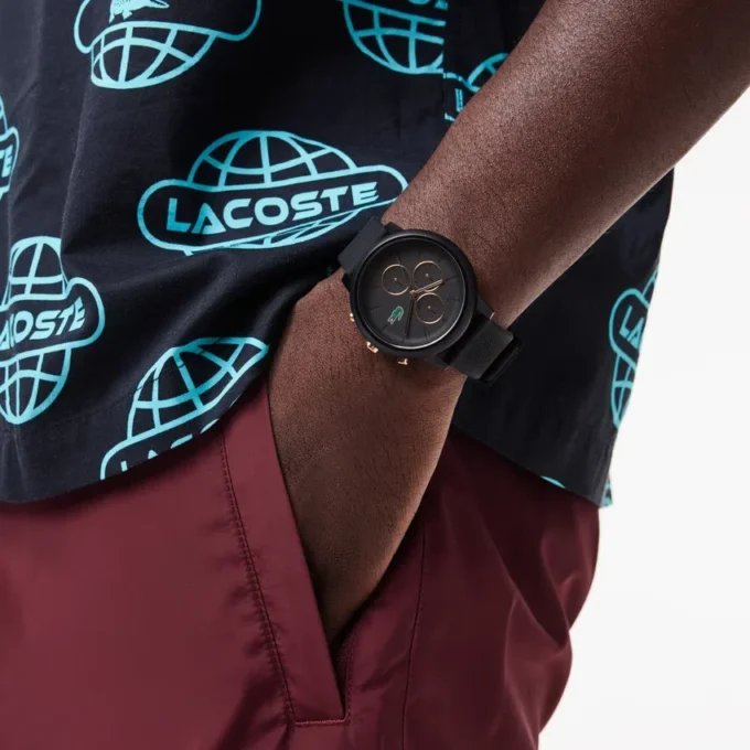 Reloj Lacoste.12.12 Chrono en silicona negra y oro clavel